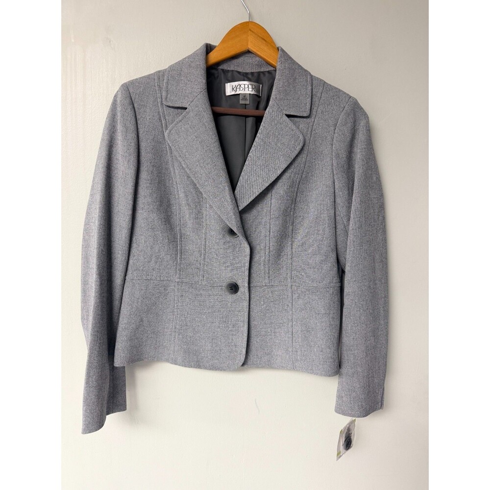Kasper Blazer Womens 4P Petite Gray Black Two Button Lined Jacket NWT